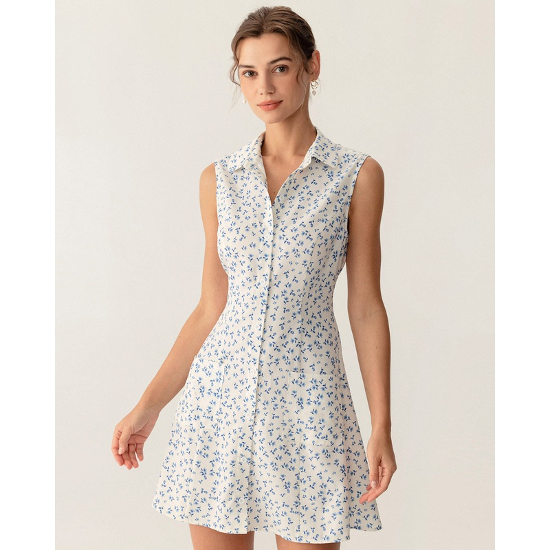 Blue Floral Pocket Sleeveless Mini Dress