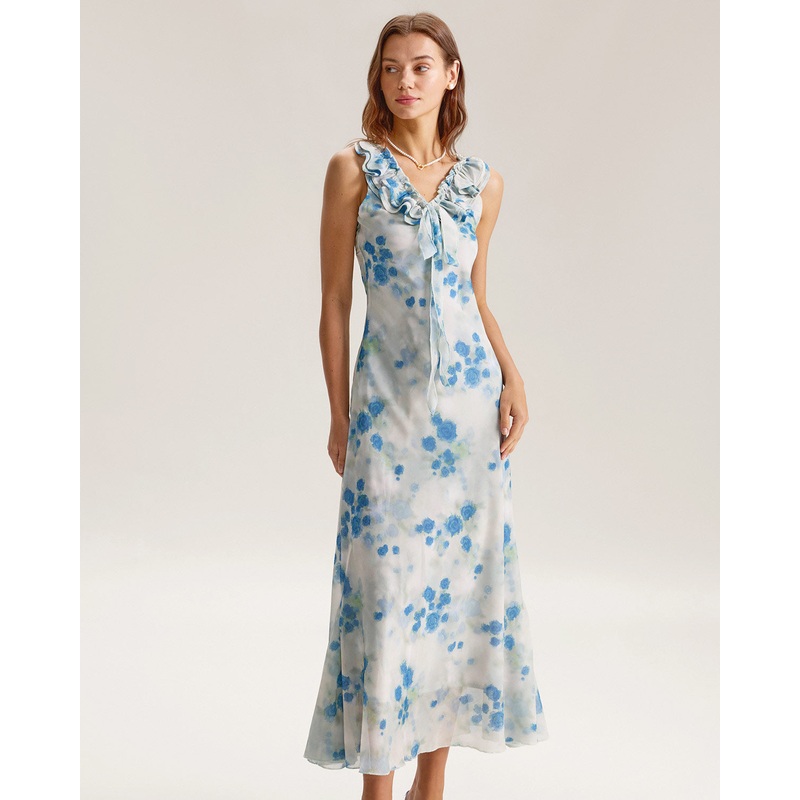 Blue Floral Ruffle V Neck Sleeveless Midi Dress