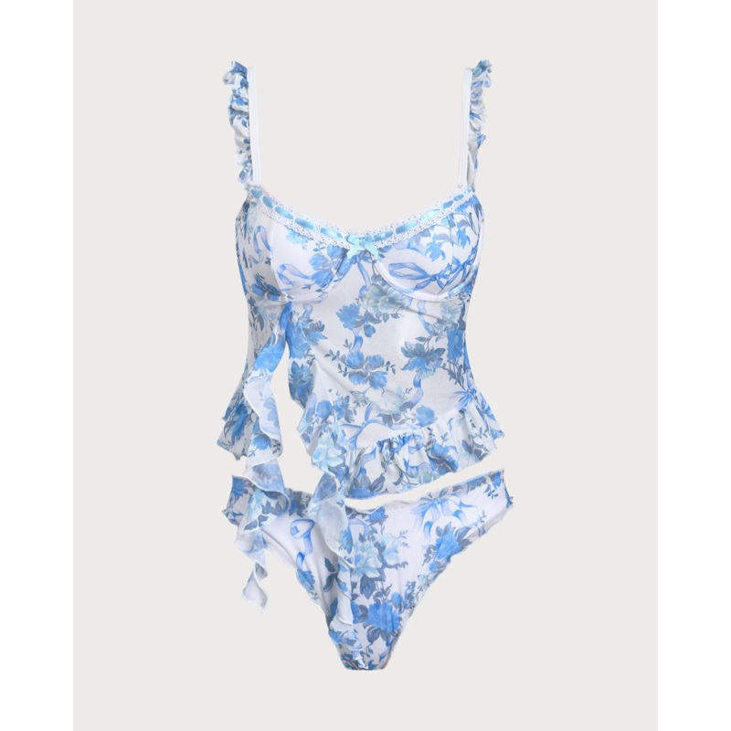 Blue Floral Ruffled Tankini Swimsuit