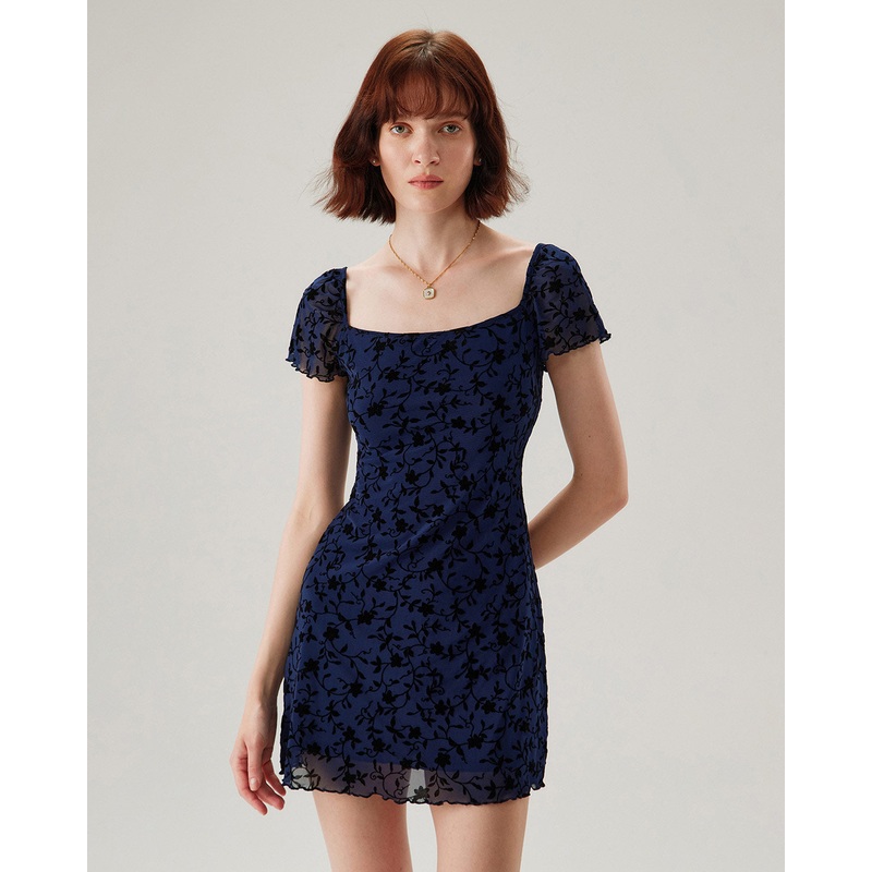 Blue Floral Square Neck Mesh Mini Dress