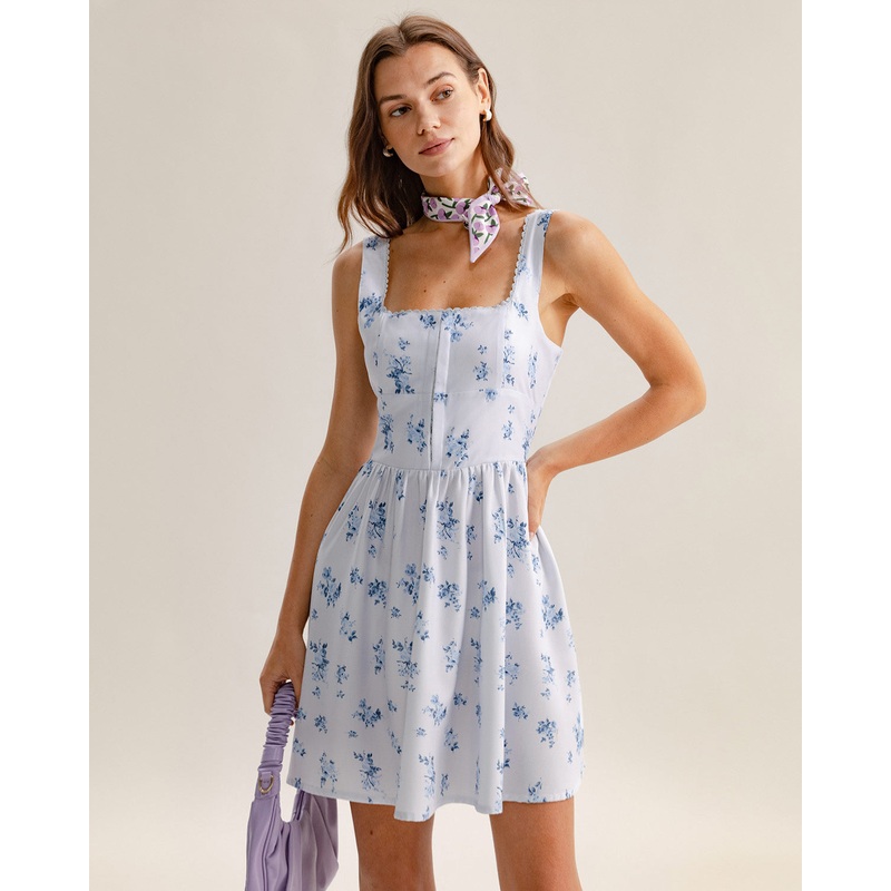 Blue Floral Square Neck Slip Mini Dress
