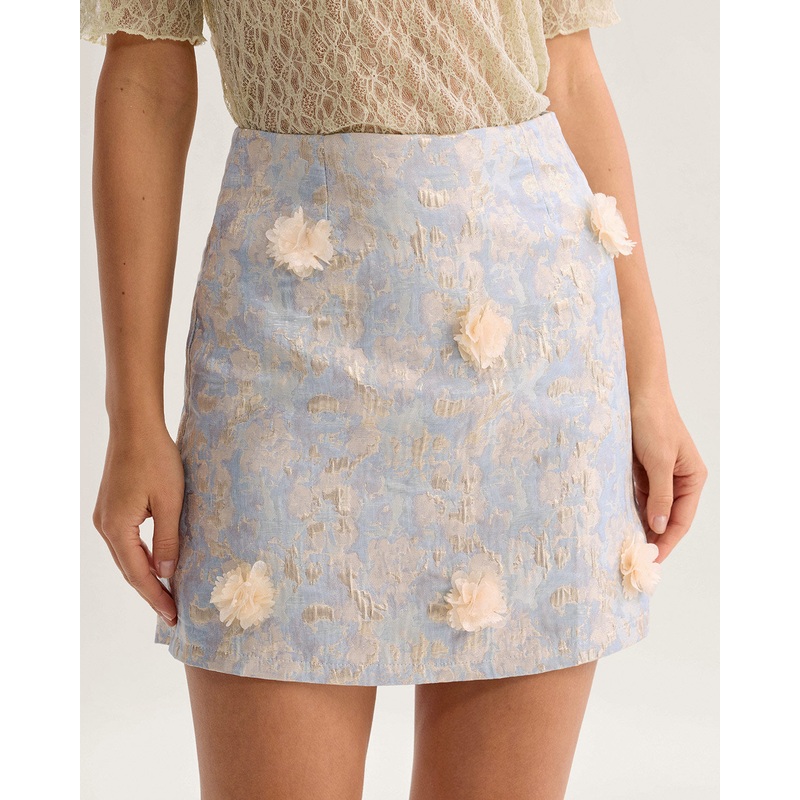 Blue Floral Textured A-Line Mini Skirt
