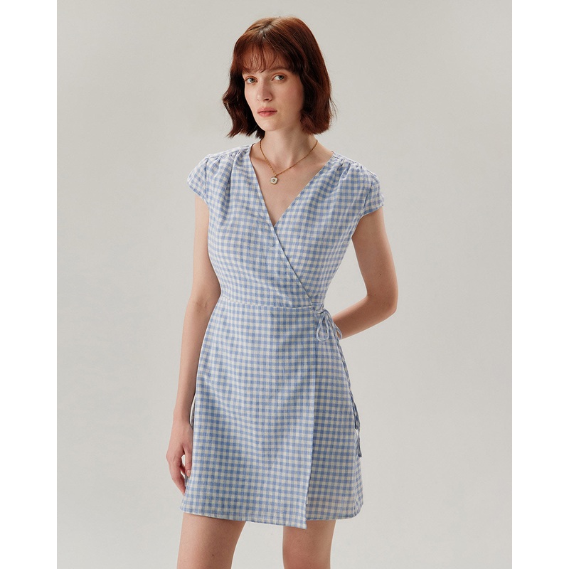 Blue Plaid Cap Sleeve Wrap Mini Dress