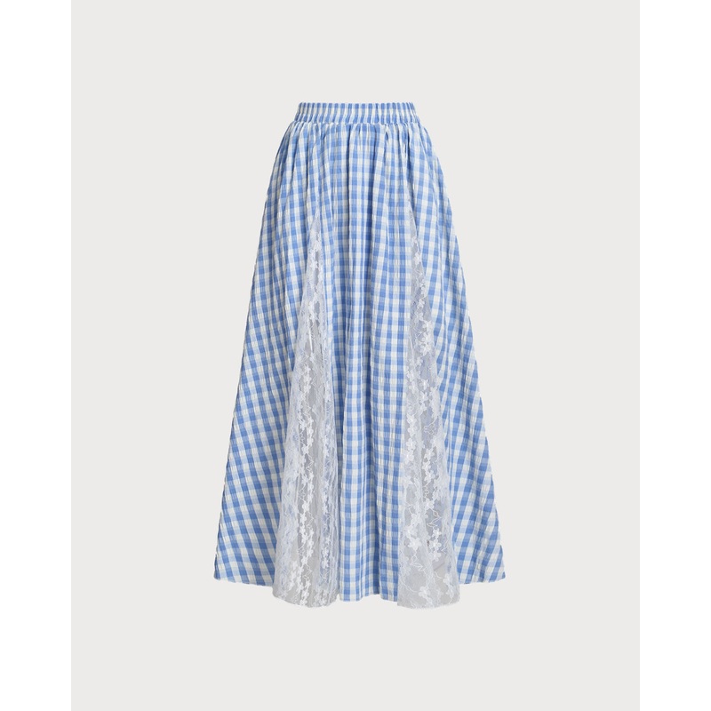 Blue Plaid Elastic Waist Midi Skirt