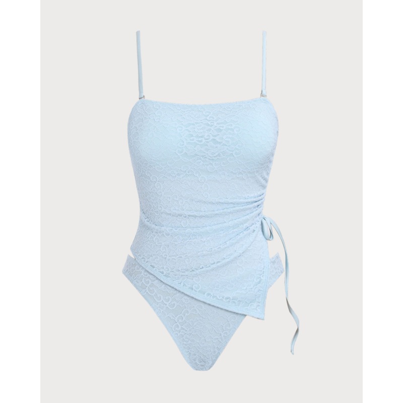 Blue Ruched Lace Tankini Swimsuit