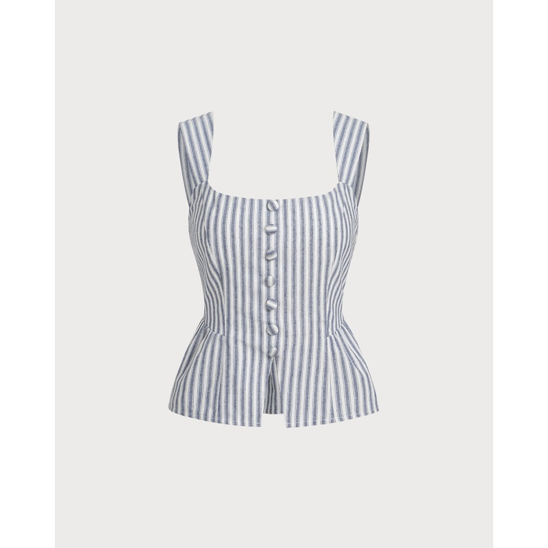 Blue Striped Square Neck Tank Top