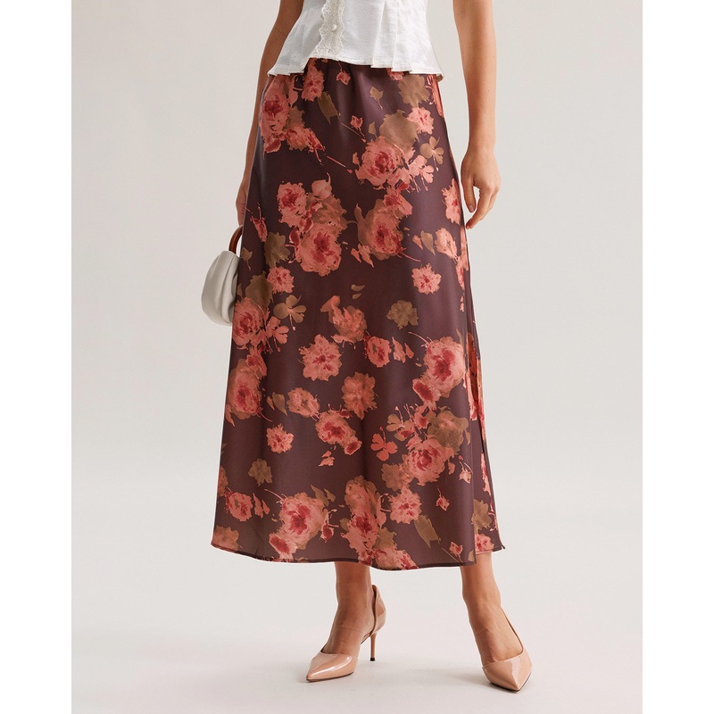 Brown Floral Straight Midi Skirt