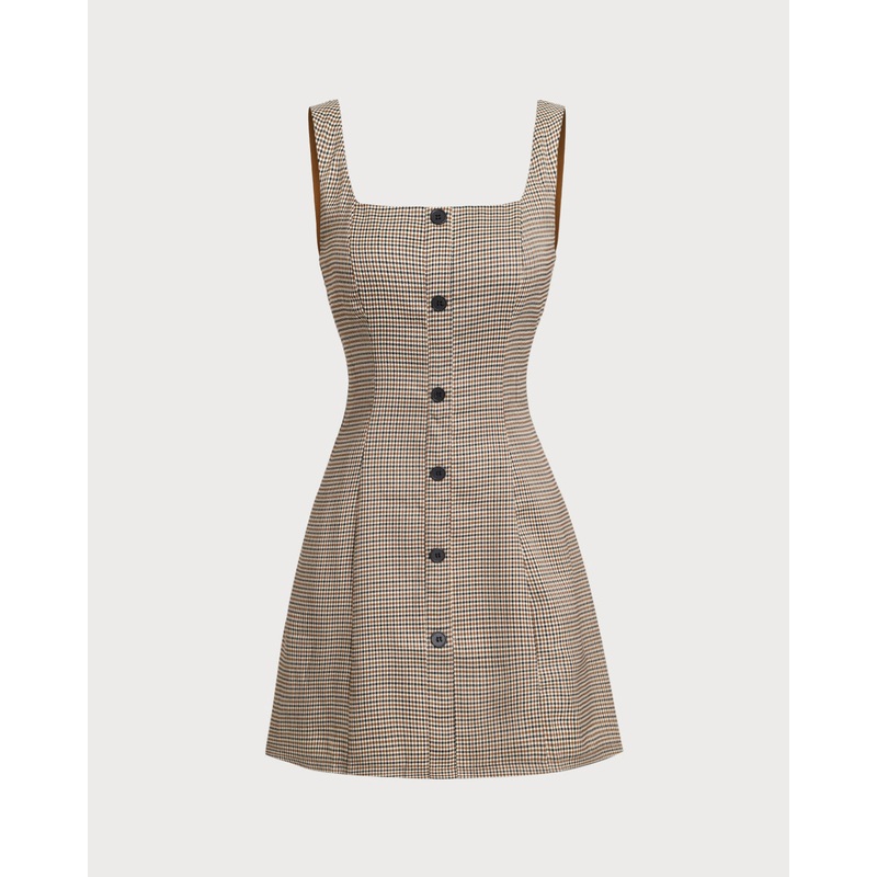 Brown Plaid Button Slip Mini Dress