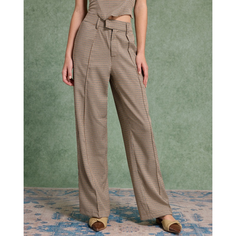 Brown Plaid Straigh Pants