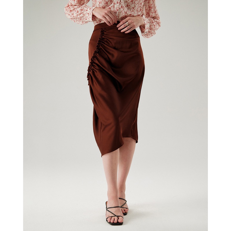 Coffee Ruched Pencil Midi Skirt