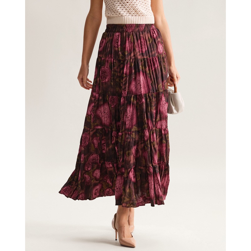 Floral Elastic Waist Pleated Midi Skirt