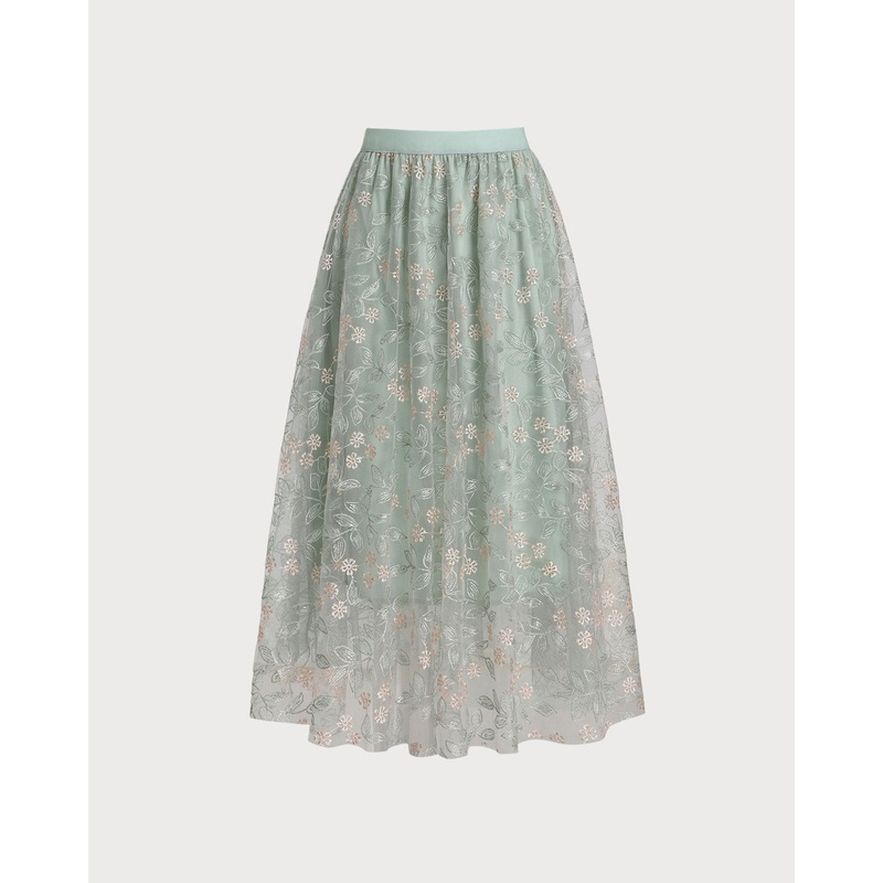Green Embroidery Elastic Waist Midi Skirt