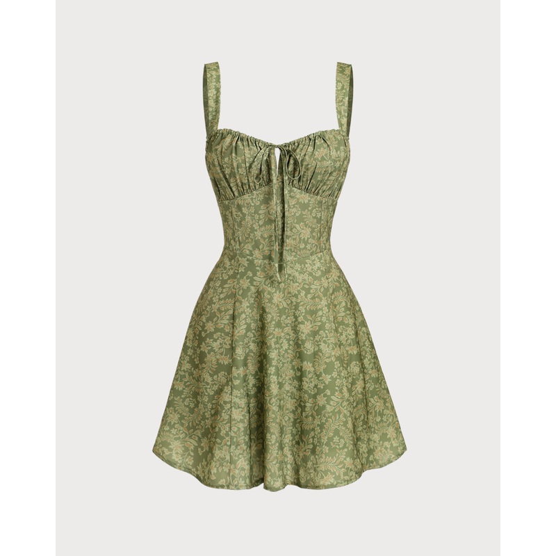 Green Floral Ruched Slip Mini Dress