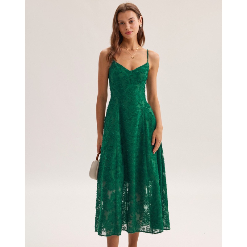 Green Floral Shirred Slip Midi Dress