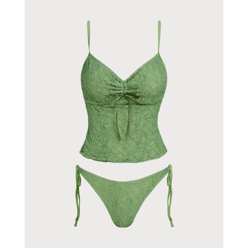Green Lace Ruched Tankini Swimsuit
