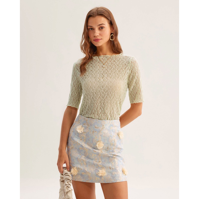 Green Round Neck Textured Half Sleeve Tee