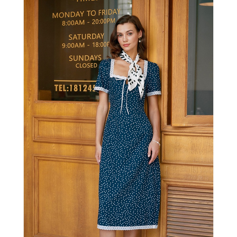 Navy Polka Dot Lace Midi Dress