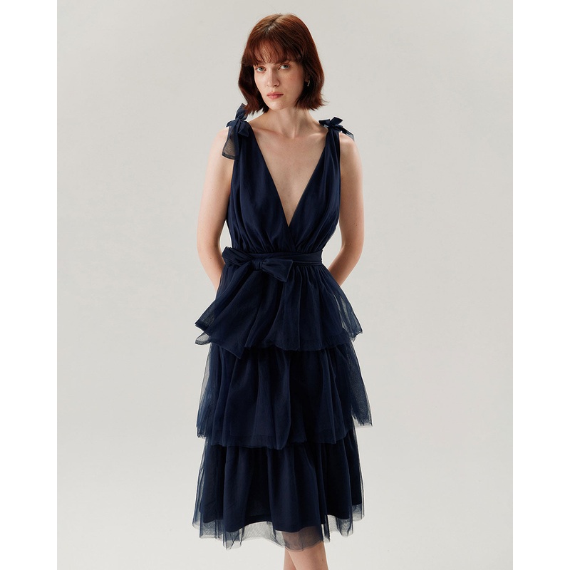 Navy Tiered Backless Maxi Dress