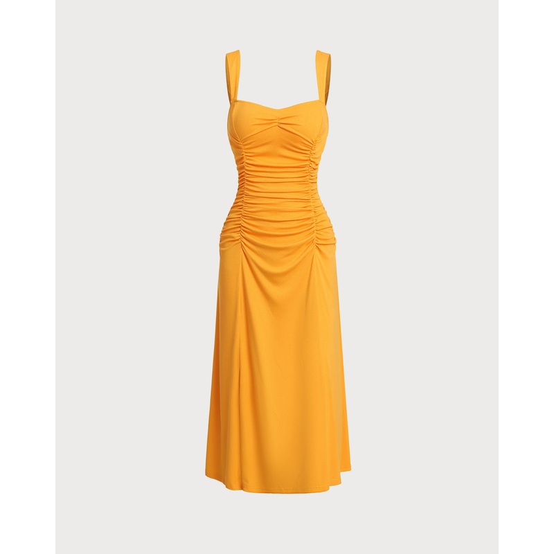 Orange Ruched Knitted Slip Midi Dress