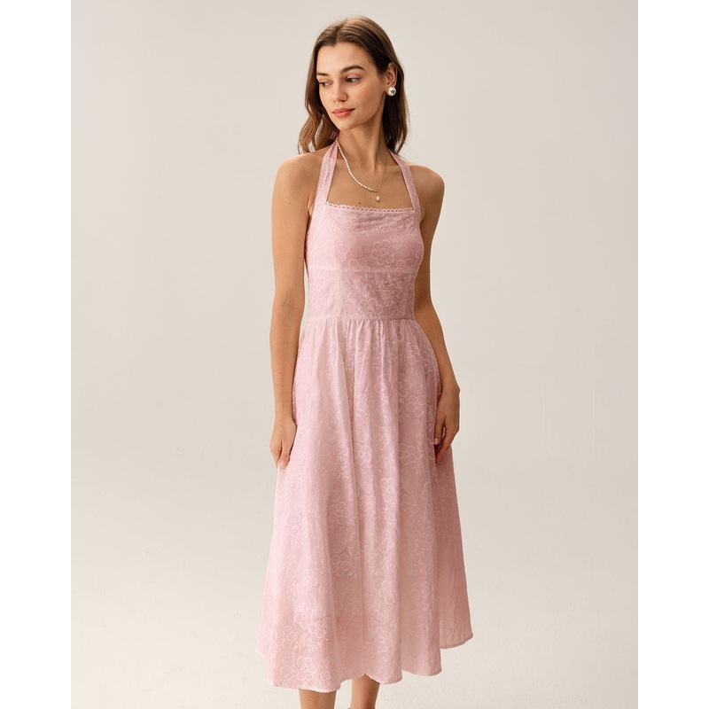 Pink Embroidery Halter Midi Dress