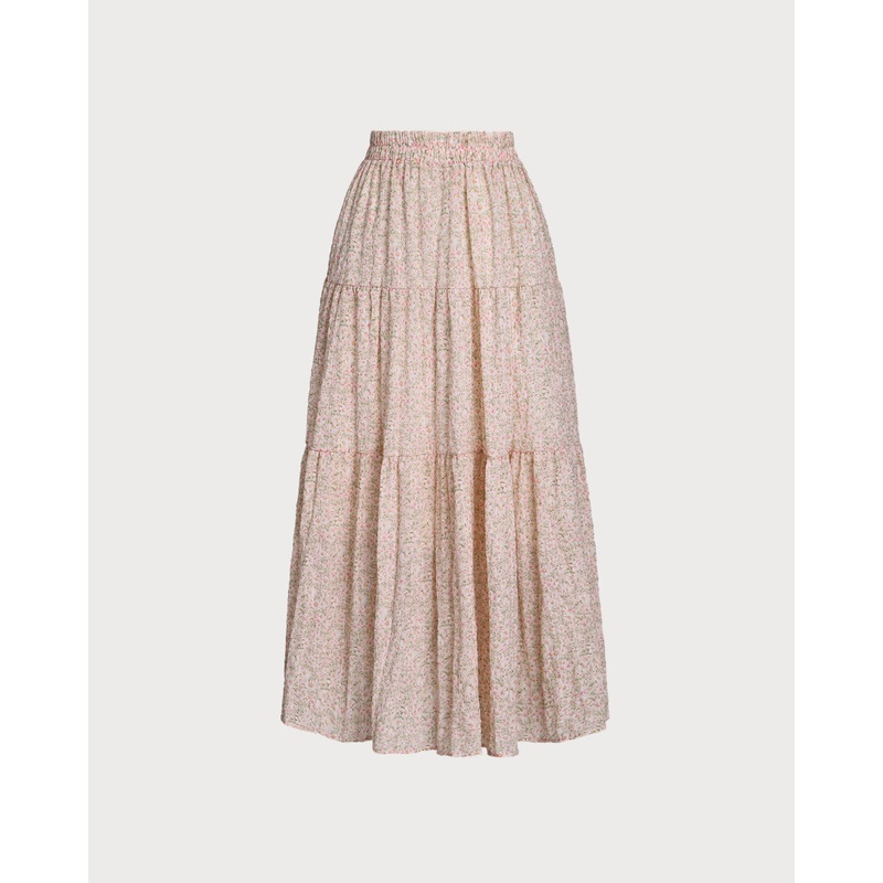Pink Floral Elastic Waist Pleated Midi Skirt