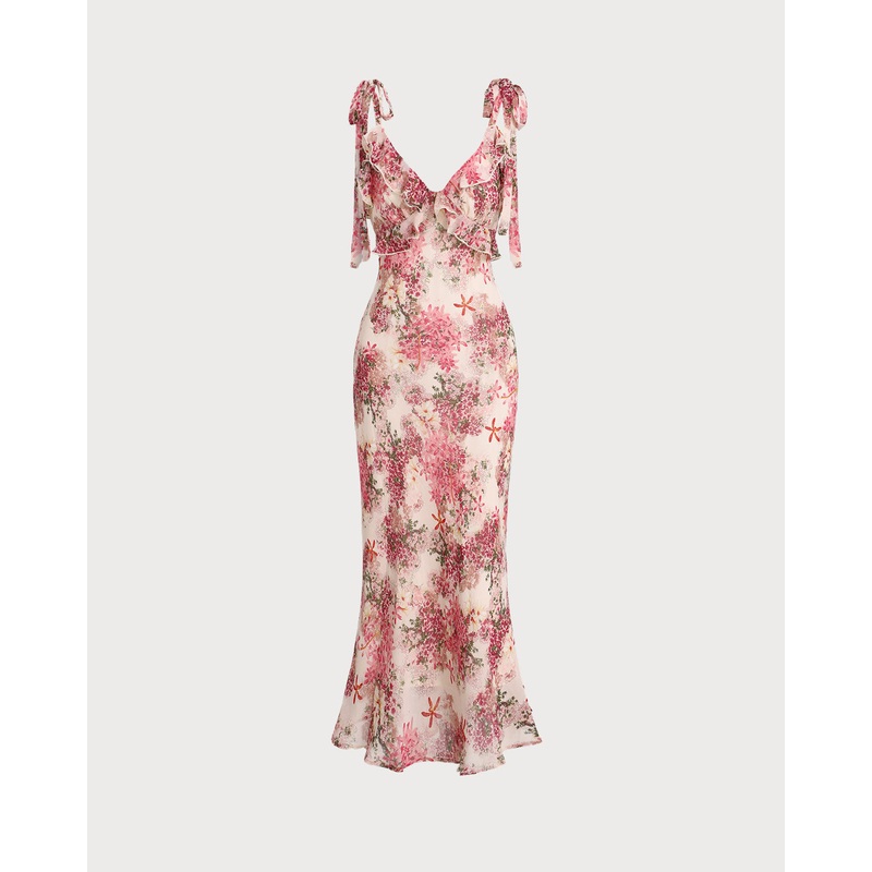 Pink Floral Ruffle Tie Strap Midi Dress