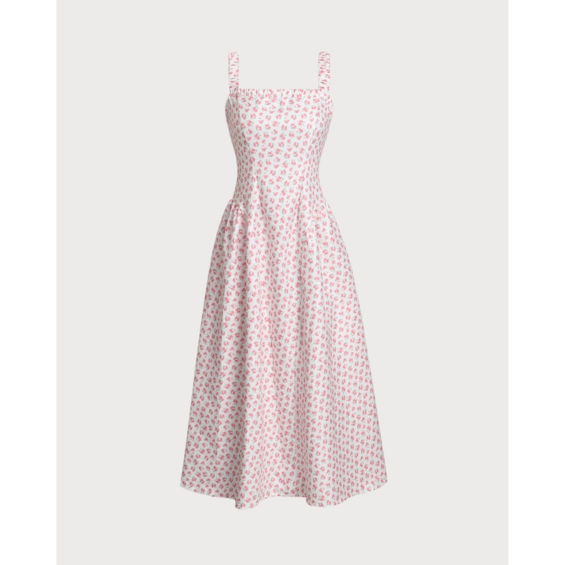 Pink Floral Square Neck Pleated Midi Dress