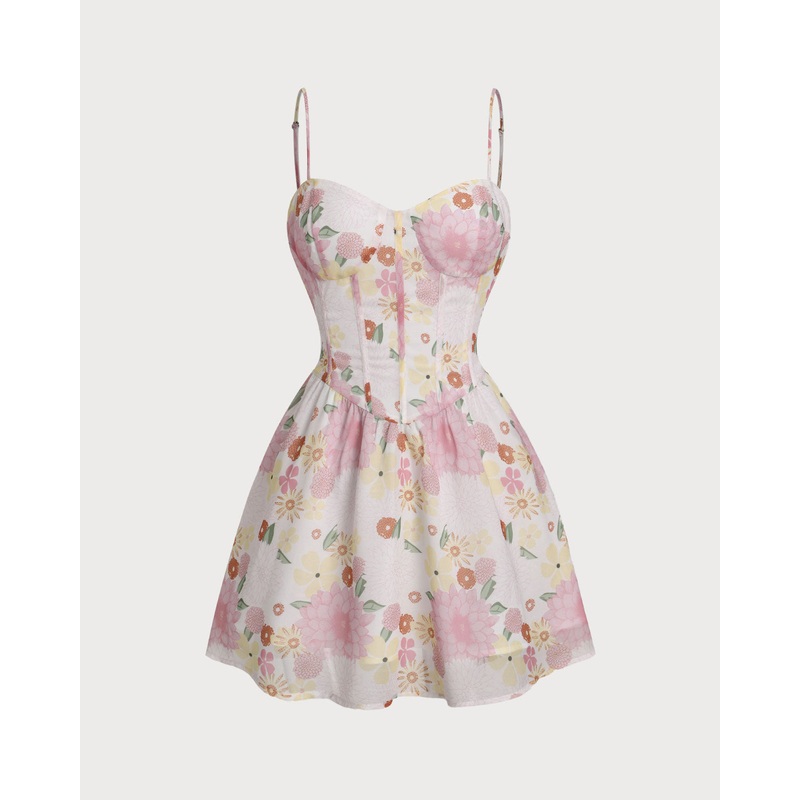 Pink Floral Sweetheart Neck Slip Mini Dress