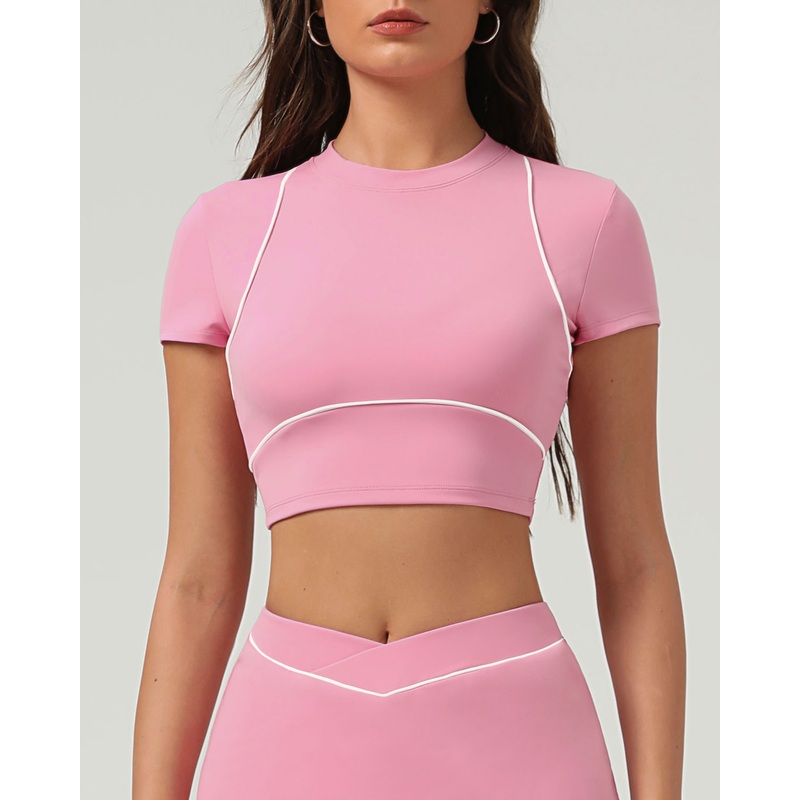 Pink Round Neck Yoga Short Sleeve Top – Light Support