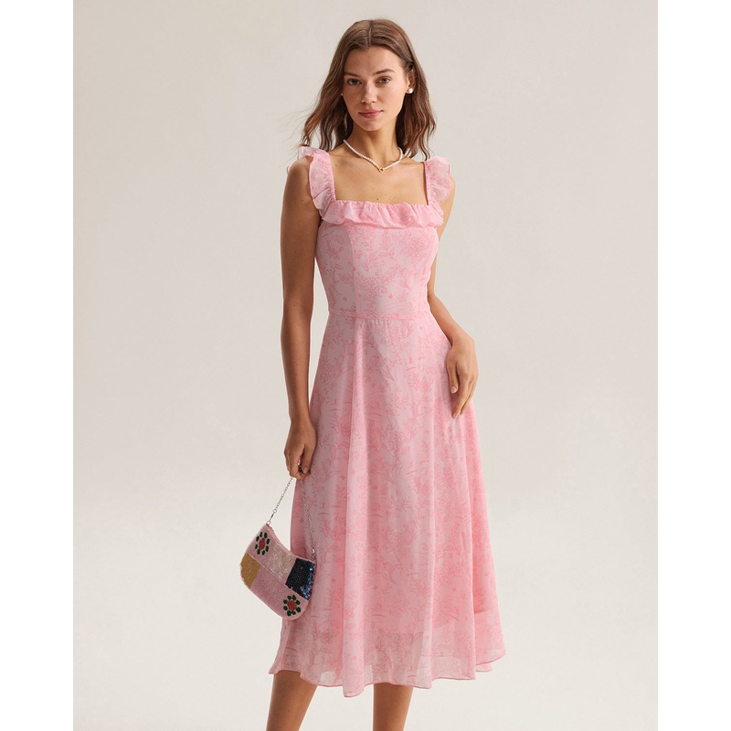 Pink Square Neck Ruffle Midi Dress