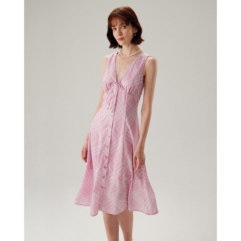 Pink Striped Sleeveless Midi Dress