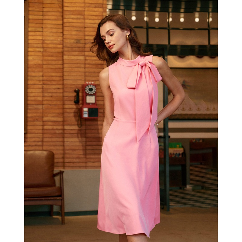 Pink Turtleneck Bowknot Satin Midi Dress