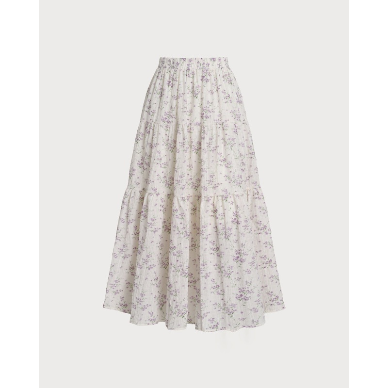 Purple Floral Elastic Waist Midi Skirt