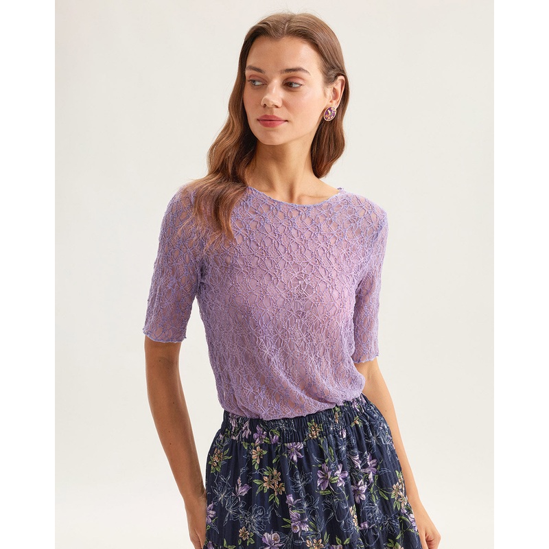 Purple Round Neck Textured Half Sleeve Tee