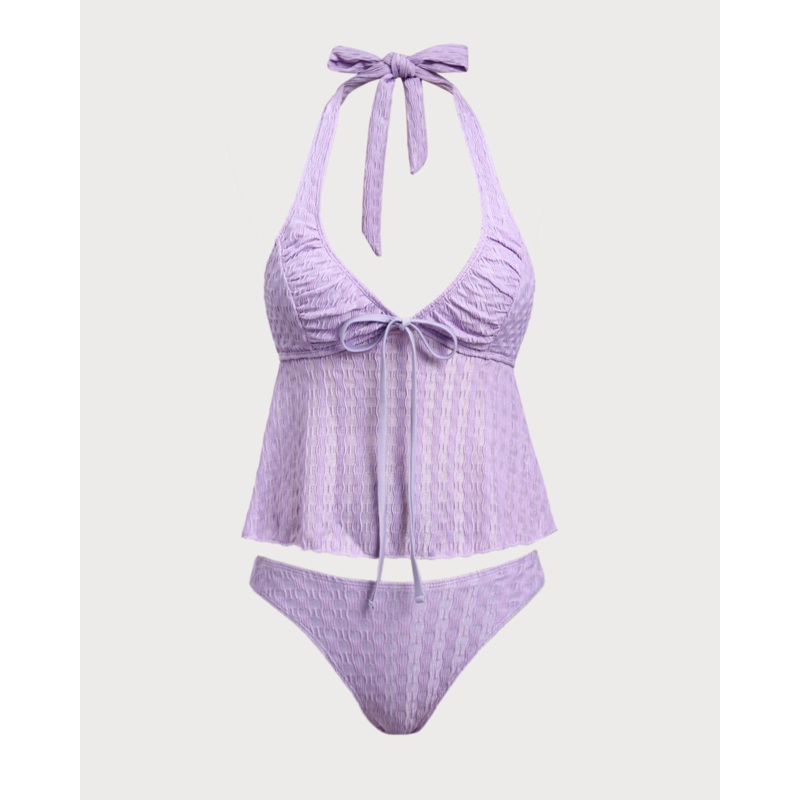 Purple Ruched V-Neck Tankini Swimsuit