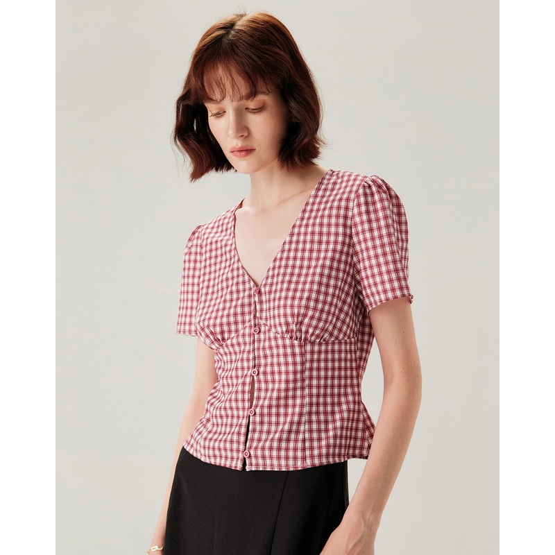 Red Plaid Puffed Sleeve V Neck Blouse