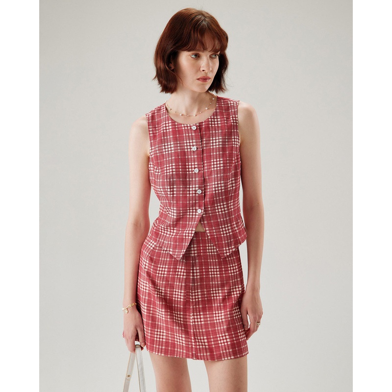 Red Plaid Single Breasted Vest