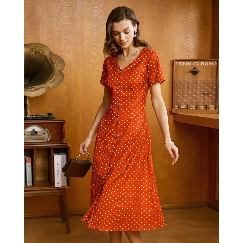 Red Polka Dot Button Midi Dress