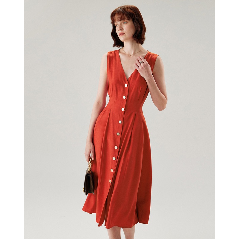 Red V-neck Button Sleeveless Midi Dress