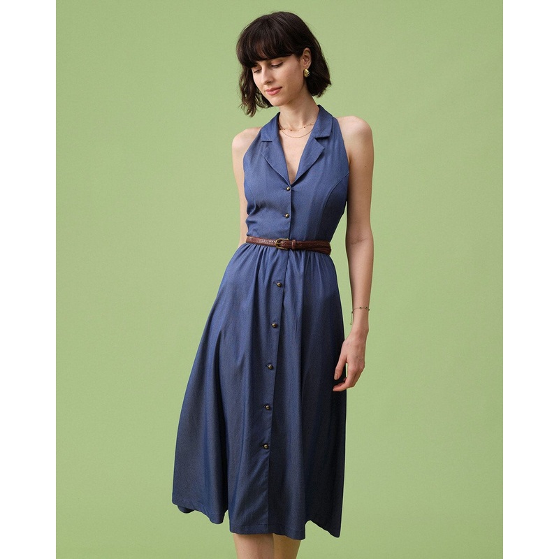 The Blue Lapel Tunic Sleeveless Midi Dress