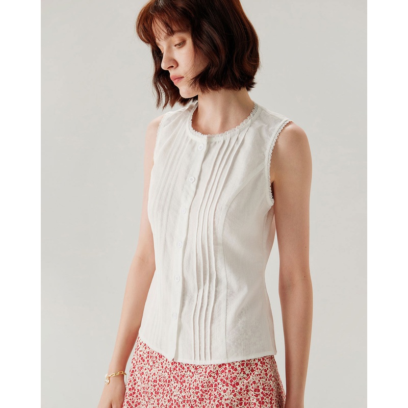 White Crew Neck Button Sleeveless Blouse