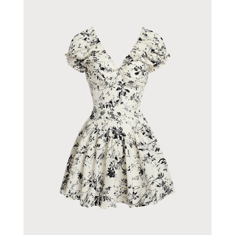 White Floral Ruched V Neck Mini Dress