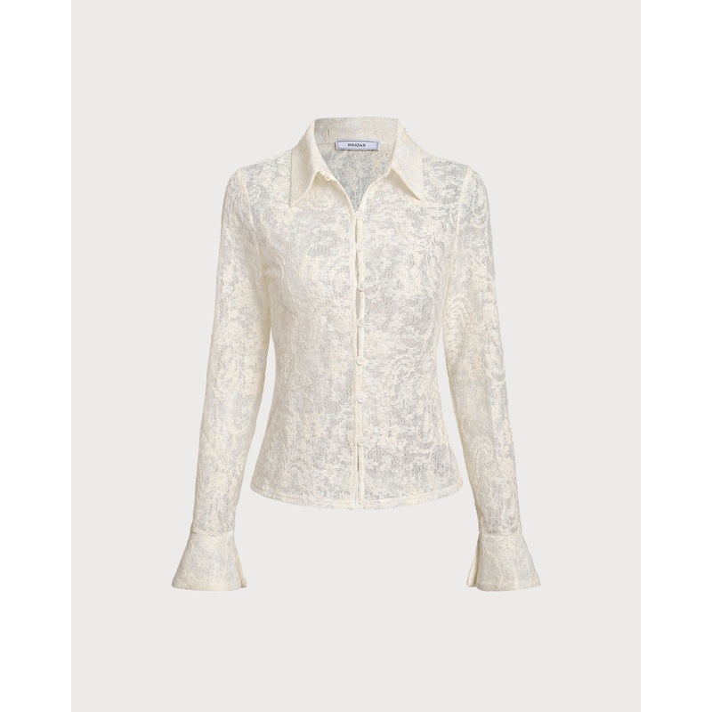 White Jacquard Bell Sleeve Button Blouse
