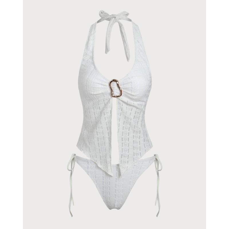 White Knitted Irregular Metal Slit Tankini Swimsuit