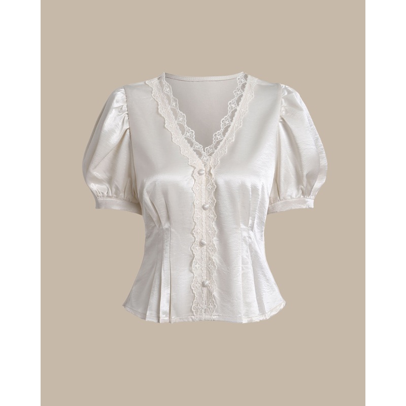 White Satin V Neck Ruched Blouse