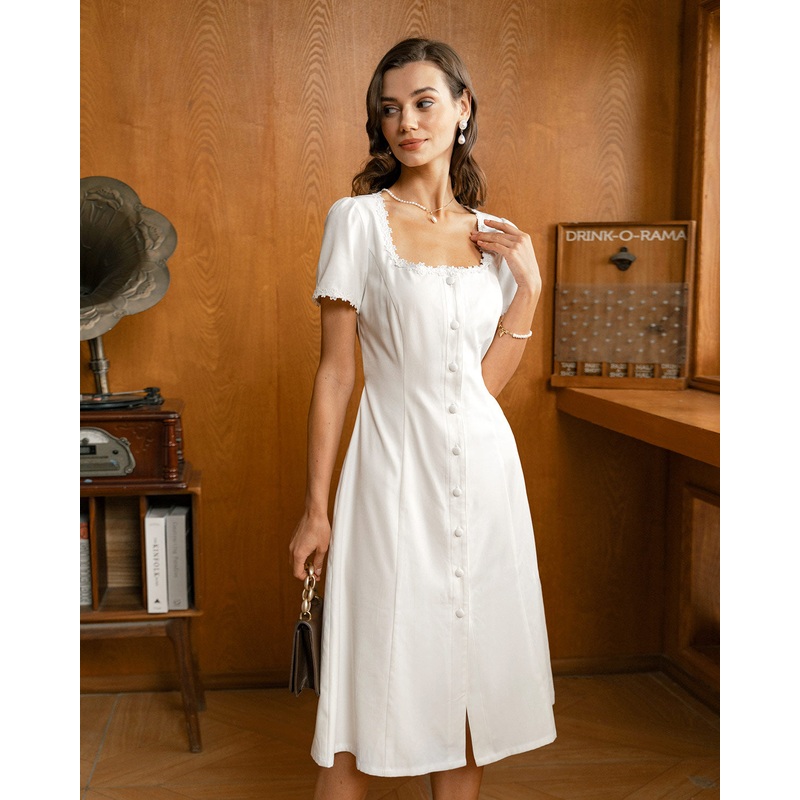 White Square Neck Button Midi Dress