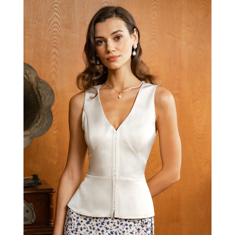 White V-Neck Satin Vest