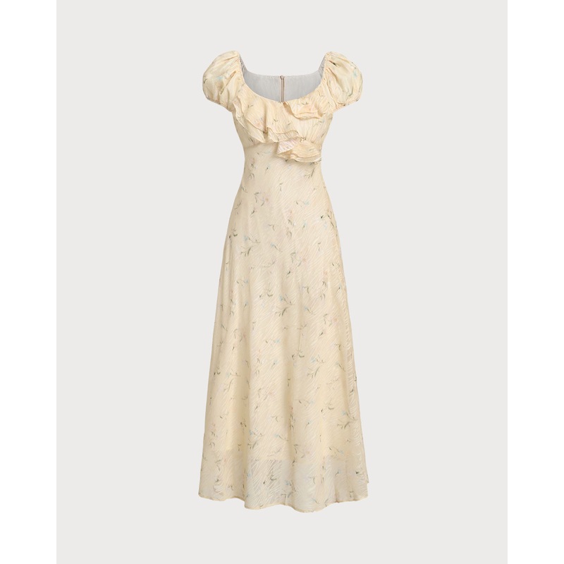 Yellow Floral Cap Sleeve Ruffle Midi Dress