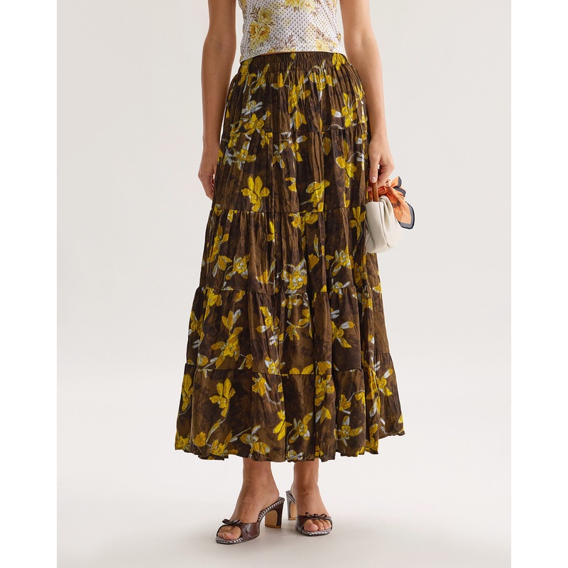 Yellow Floral Elastic Waist Midi Skirt