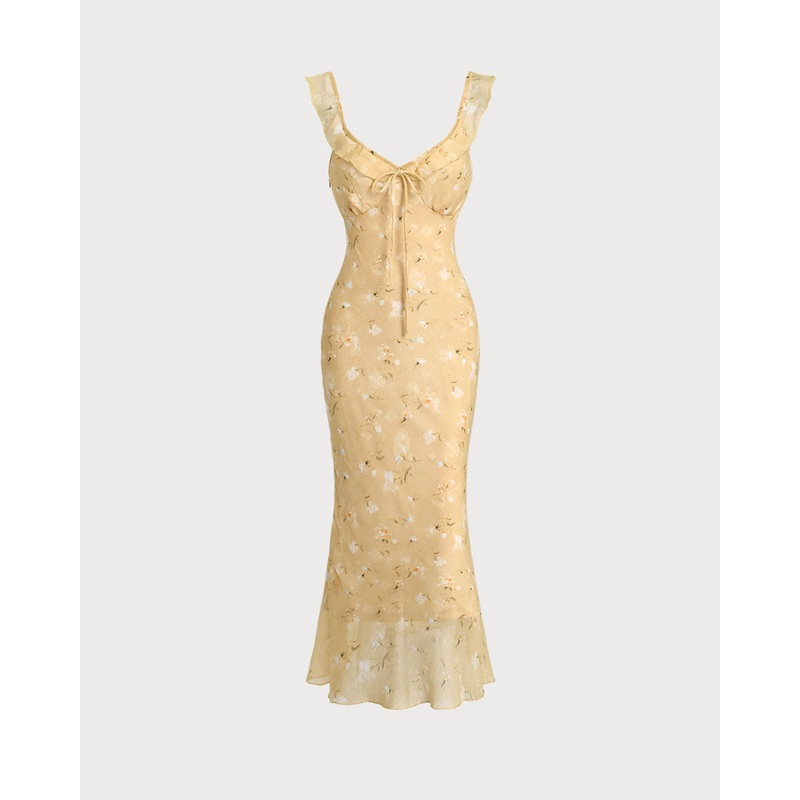 Yellow Floral Ruched Ruffle Midi Dress